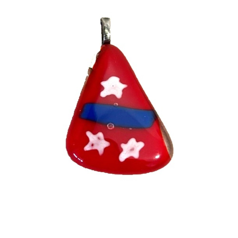 Vintge Patriotic Insignia Pennant Shield Pendant Fused Glass Red Blue White Star